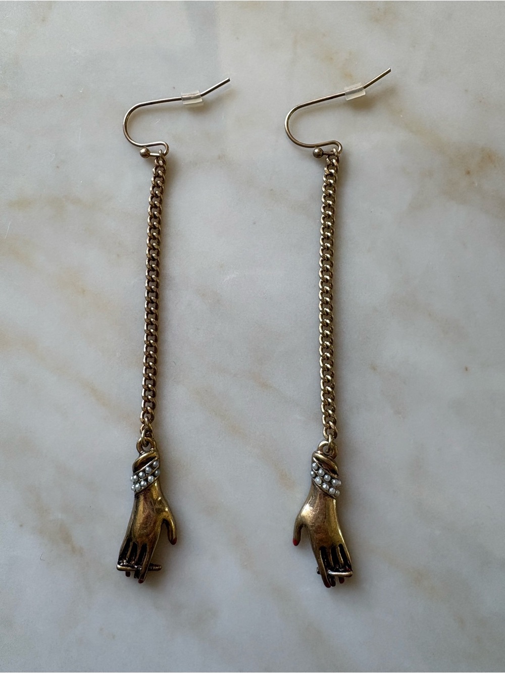 Vintage inspired Gold-Tone Hand Charm Drop Earrings - Elegant Long Chain Design